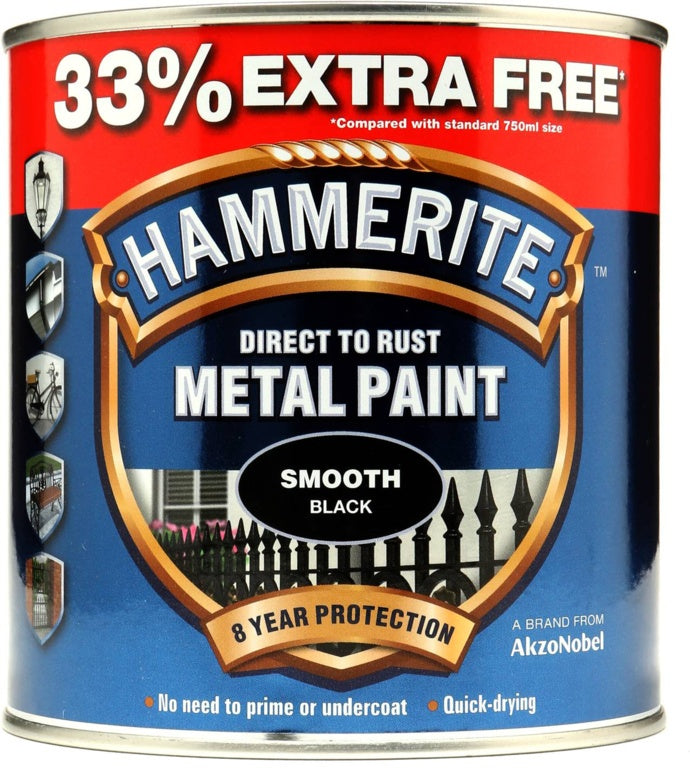 HAMMERITE METAL  PAINT SMOOTH 750ml + 33% Free Black