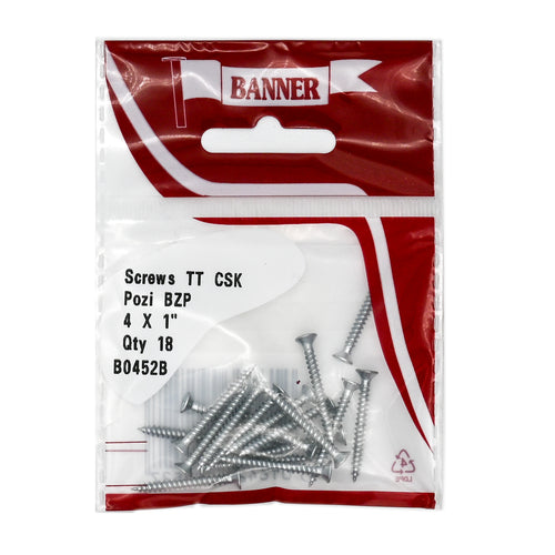 Screws Twin Thread CSK Pozi BZP 4 x 1-inch (18 Pack)