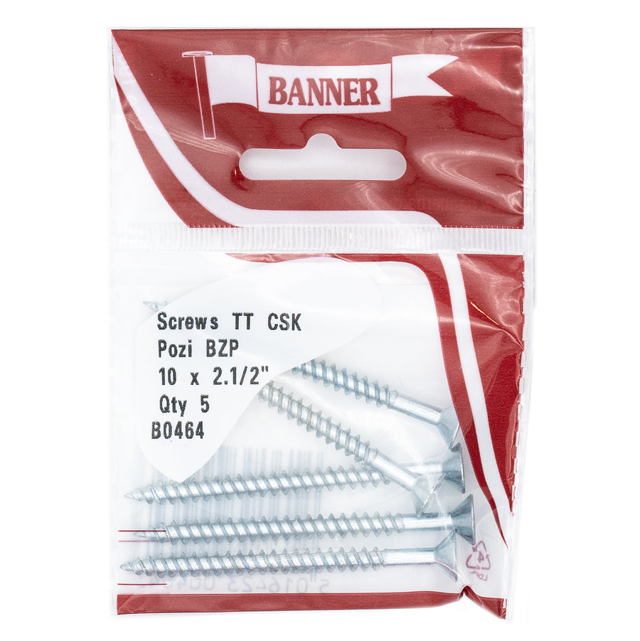 Screws Twin Thread CSK Pozi BZP 10 x 2.1/2-inch (5 Pack)