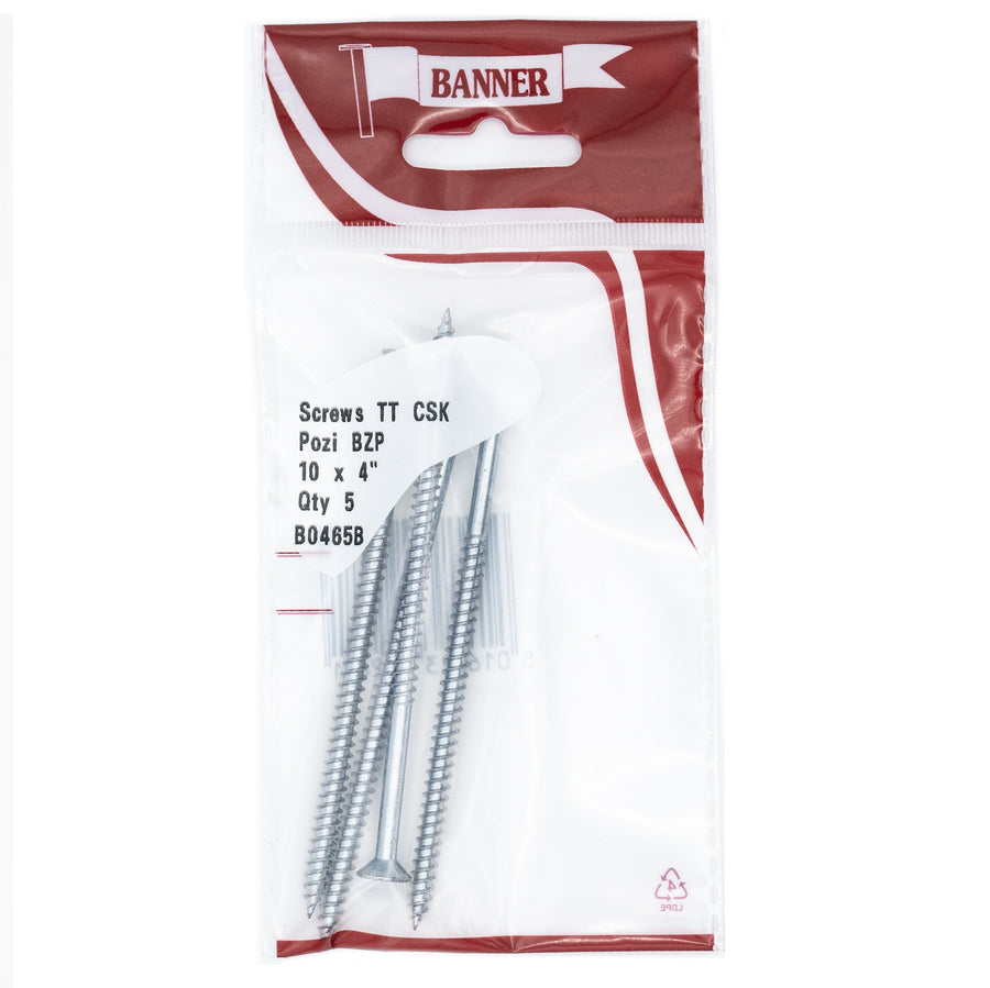 Screws Twin Thread CSK Pozi BZP 10 x 4-inch (4 Pack)