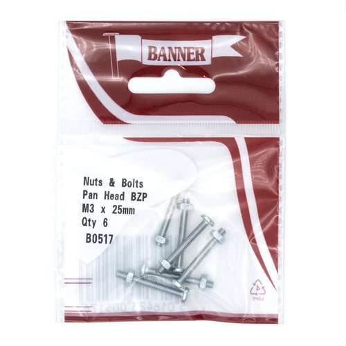 Nuts & Bolts Slotted Pan Head BZP M3 x 25mm (6 Pack)