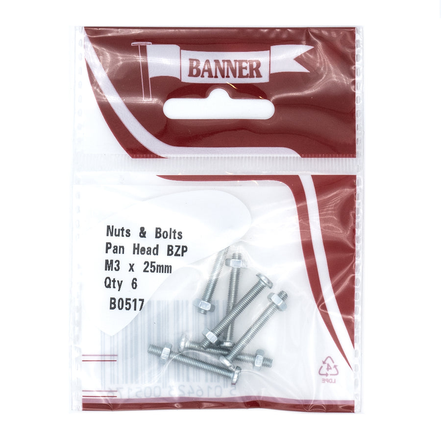 Nuts & Bolts Slotted Pan Head BZP M3 x 25mm (6 Pack)