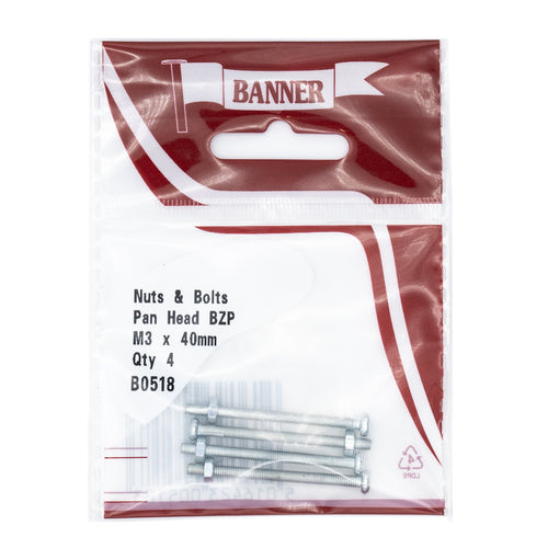 Nuts & Bolts Slotted Pan Head BZP M3 x 40mm (4 Pack)