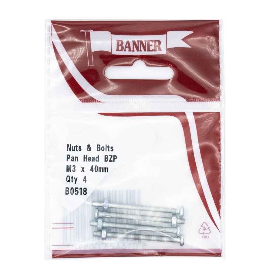 Nuts & Bolts Slotted Pan Head BZP M3 x 40mm (4 Pack)