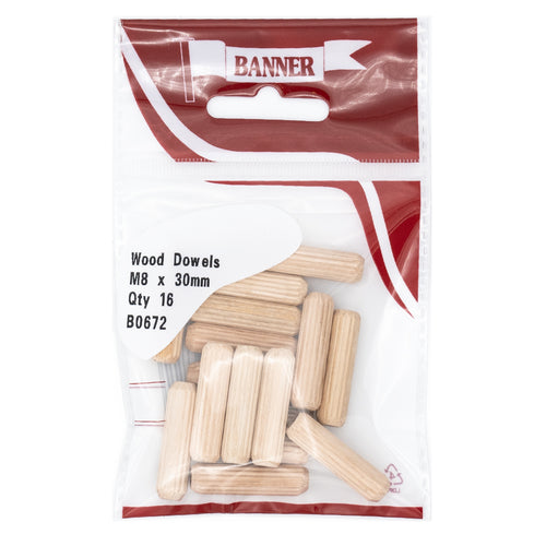 Wood Dowels M8 x 30mm (16 Pack)