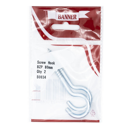 Screw Hook 80mm BZP (2 Pack)