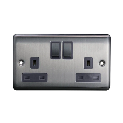 2G 13A DP Switched Socket Brushed Chrome Grey Insert