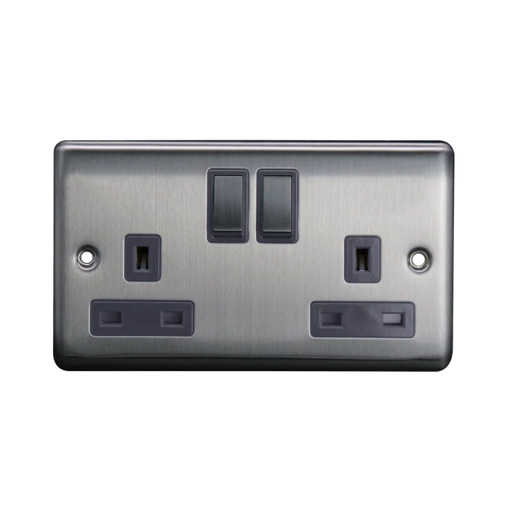 2G 13A DP Switched Socket Brushed Chrome Grey Insert