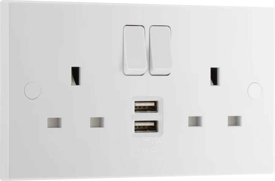 ELECTRICAL WH SQ 13A 2G SW SKT + 2 x USB A 12W