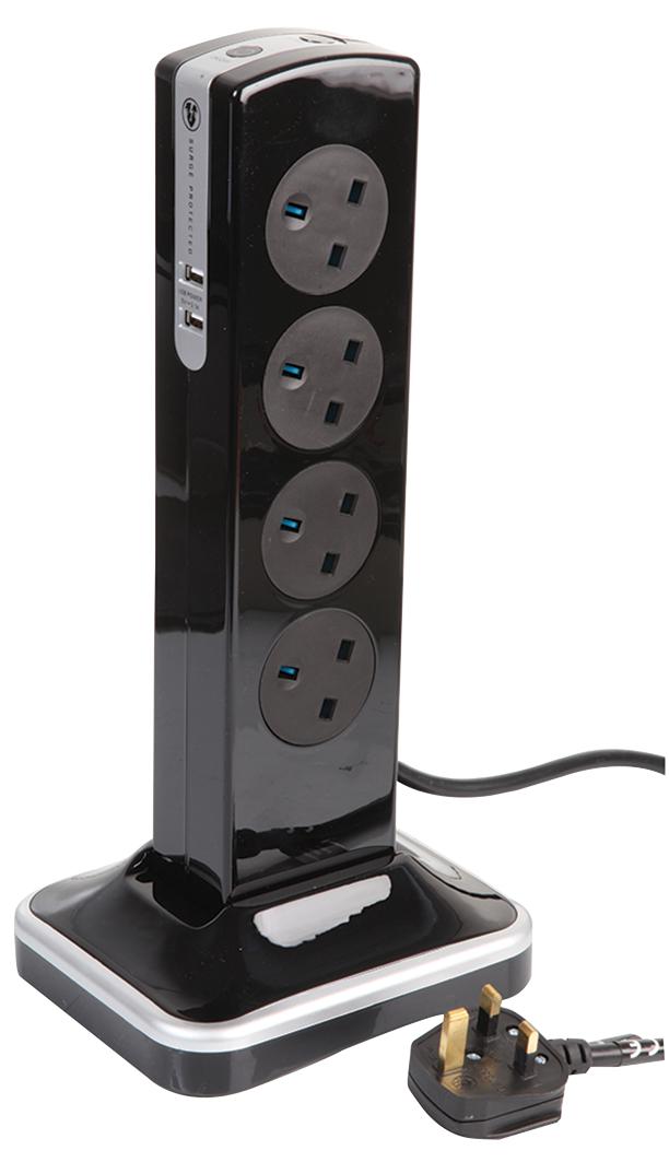 ELECTRICAL 2 x USB A, 8 Sockets, 2m, 13A, Gloss Black
